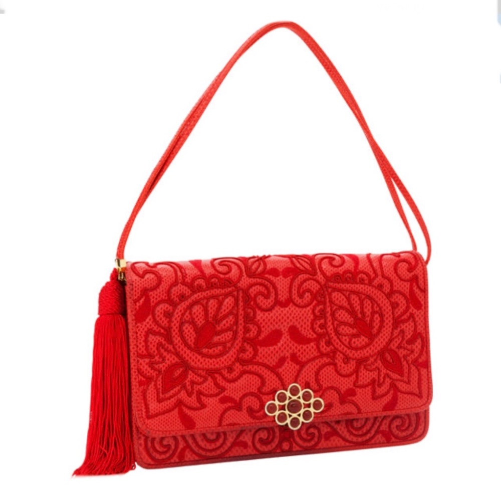 Judith Leiber Red Lizard Embroidered Clutch with Gold Jeweled Clasp and Tassel